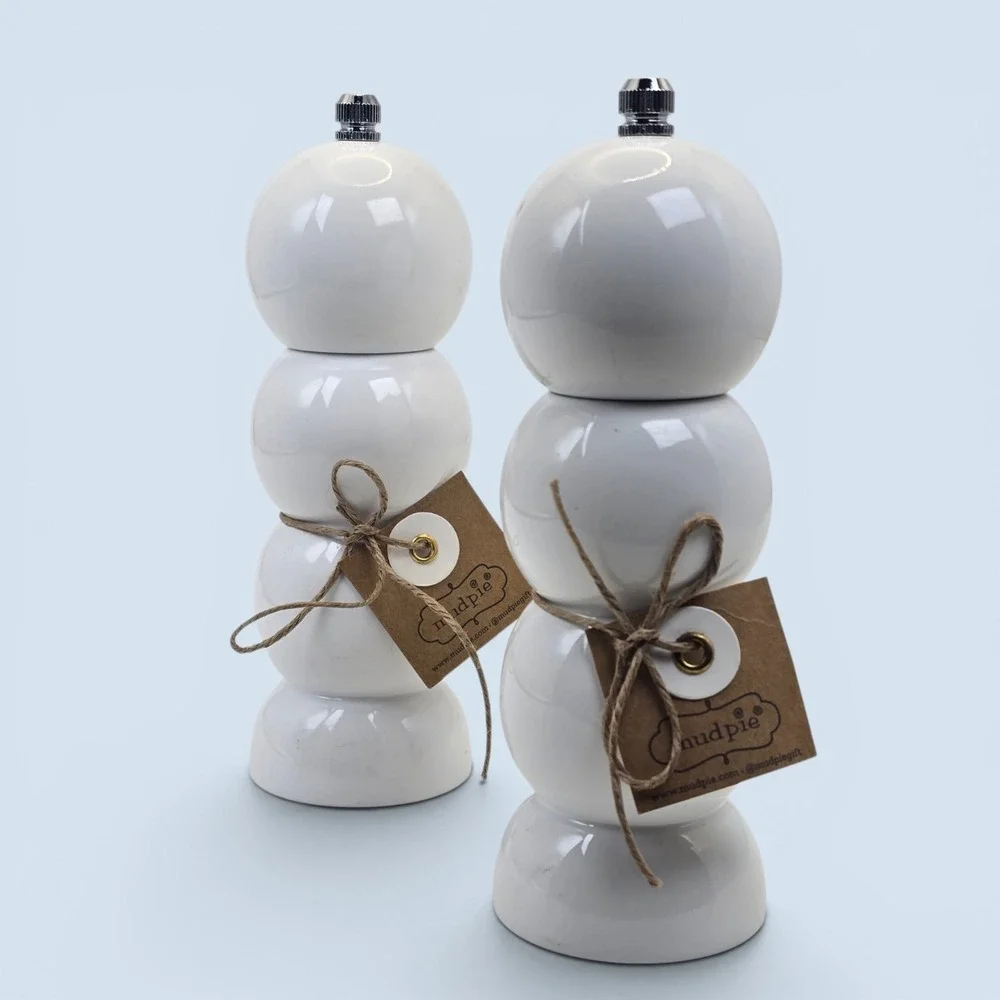 Mud Pie Bauble Salt & Pepper Grinder Set White Lacquered Wood 6.25